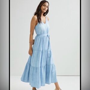 Cloth & Stone Blue Sweet Chambray Tie Waist Tiered Maxi Dress Size L